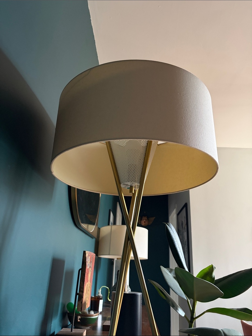 West Elm Gold Tripod Lantern Floor Lamp with Cream Shade